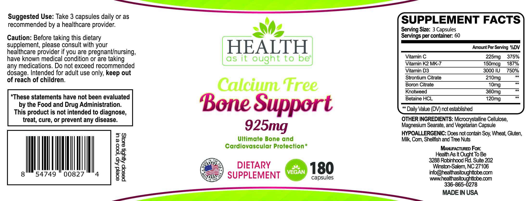 Health As It Ought To Be Calcium Free Bone Support packaging box, ingredients and details at a glance.