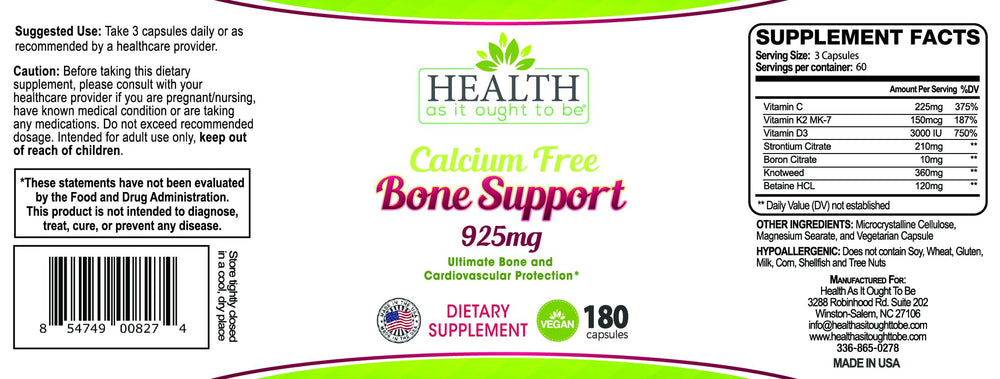 Health As It Ought To Be Calcium Free Bone Support packaging box, ingredients and details at a glance.