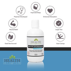 Health As It Ought To Be Dead Sea Magnesium Oil close-up highlighting minerals for absorption.