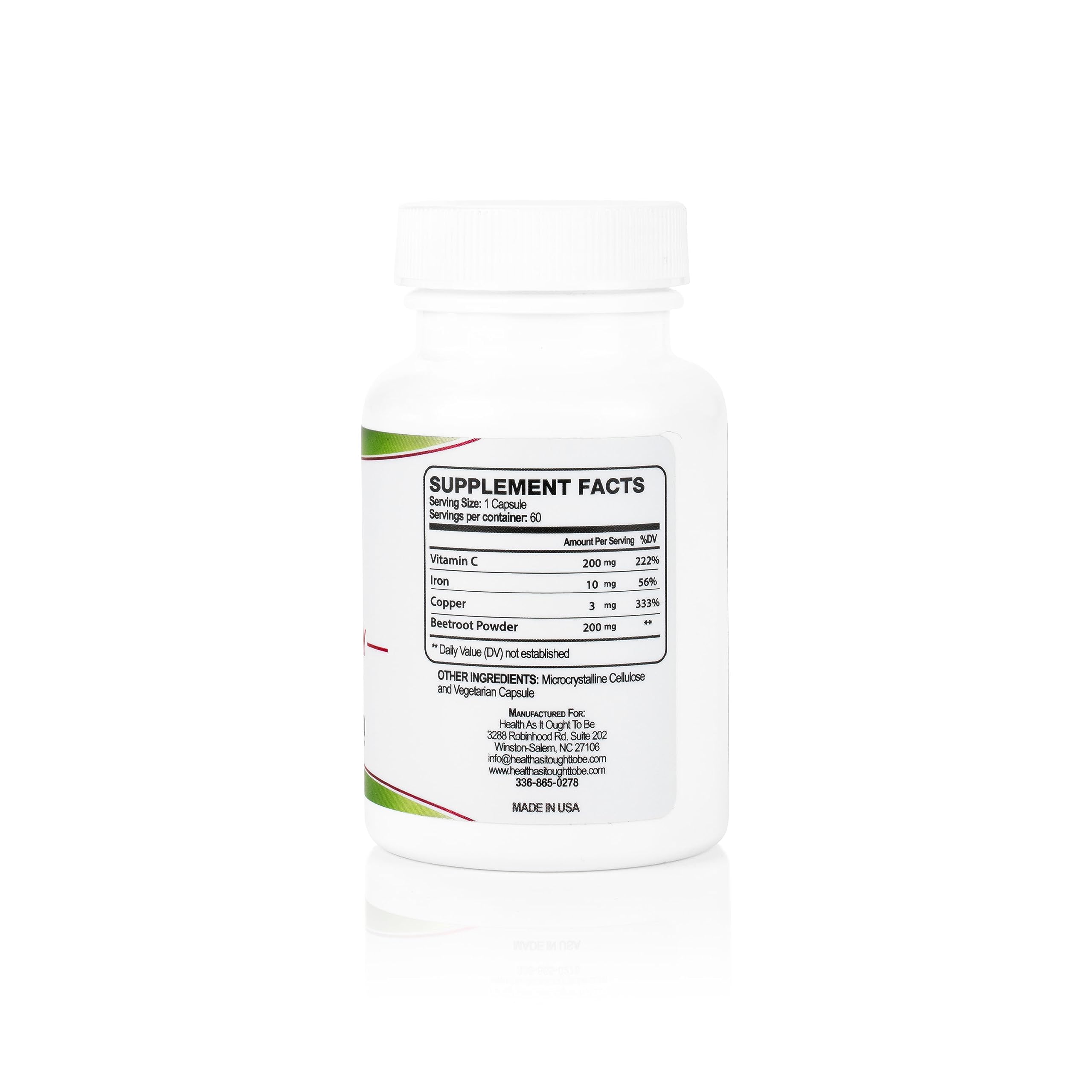 Health As It Ought To Be Iron Syn3rgy capsules closeup shows convenient daily capsules.
