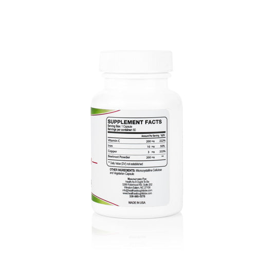 Health As It Ought To Be Iron Syn3rgy capsules closeup shows convenient daily capsules.