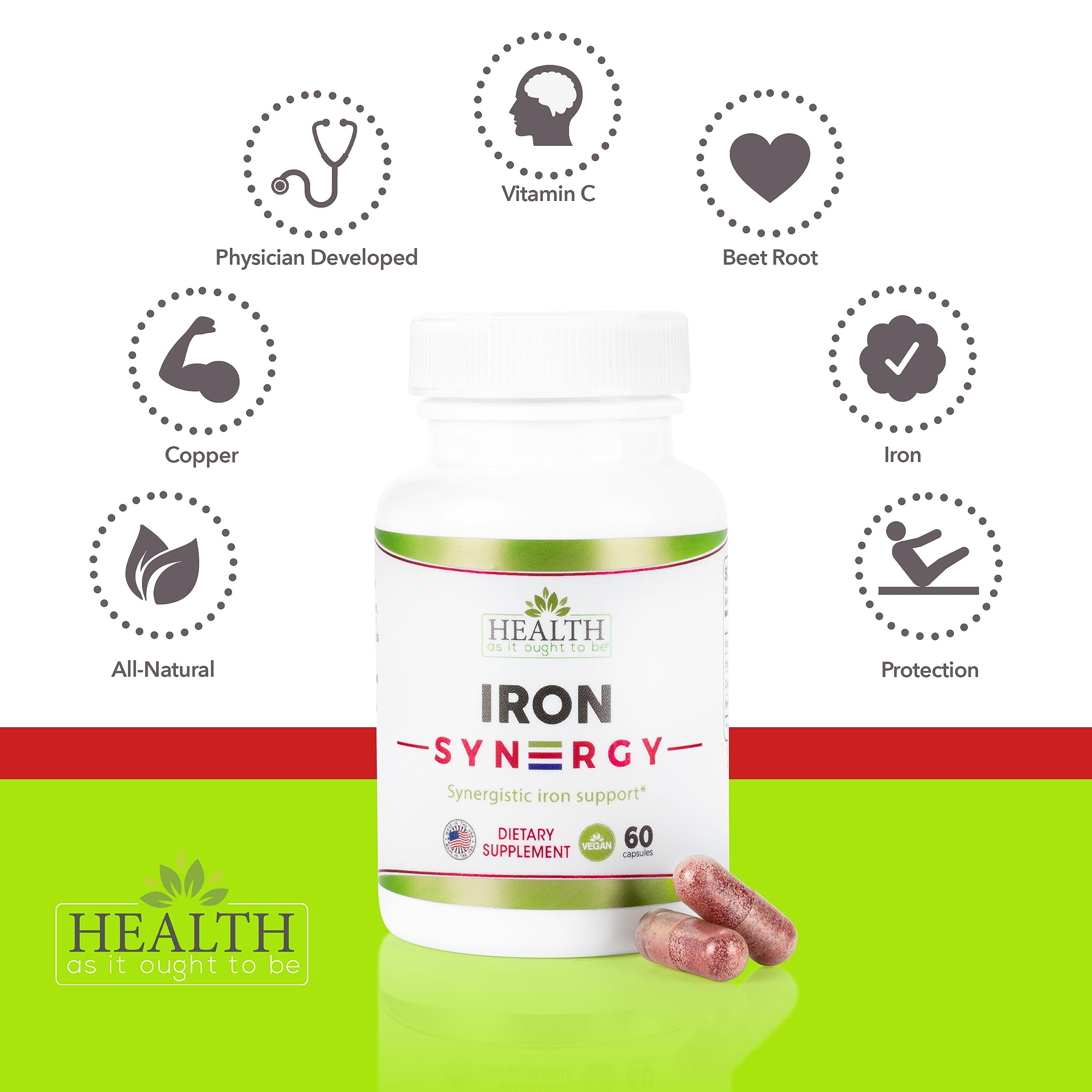 Health As It Ought To Be Iron Syn3rgy label highlights iron and vitamin C blend.