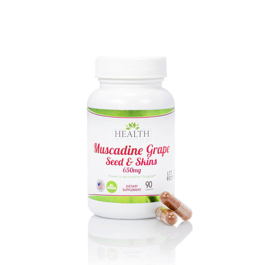 Health As It Ought To Be muscadine grape seed bottle shows antioxidant support for daily wellness.