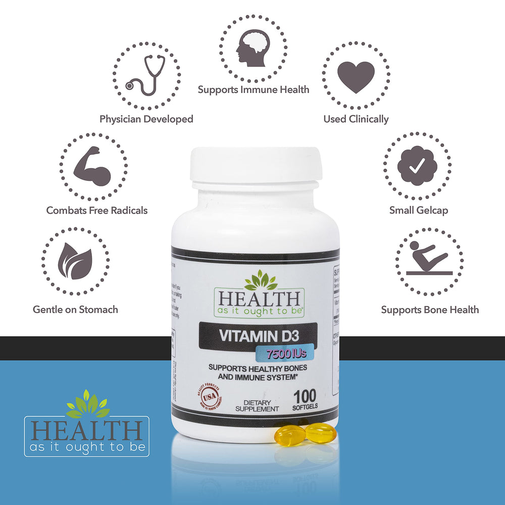 Pouring Health As It Ought To Be Vitamin D3 7500 IU bottle showing simple dosing