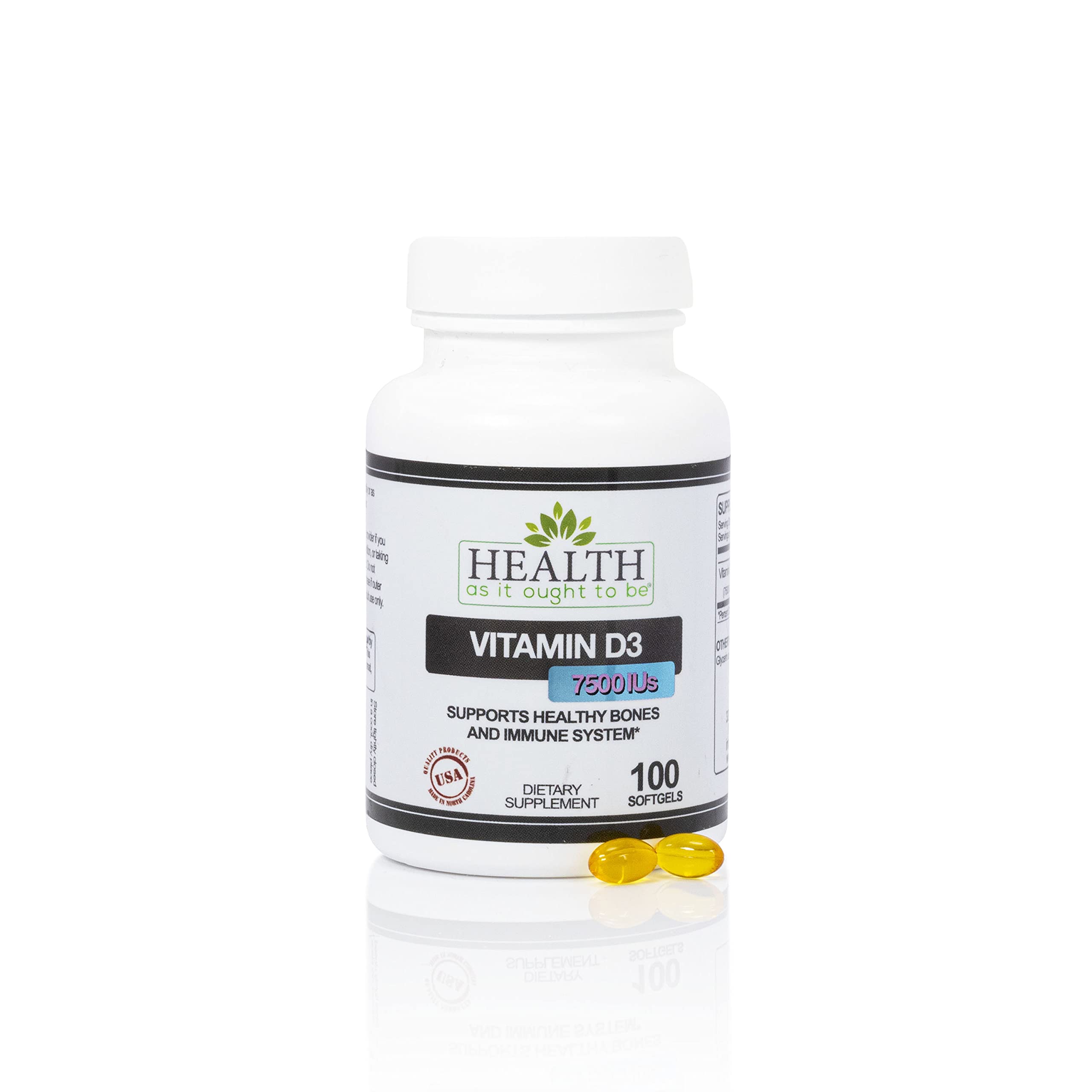 Health As It Ought To Be Vitamin D3 7500 IU bottle with clear label and daily support