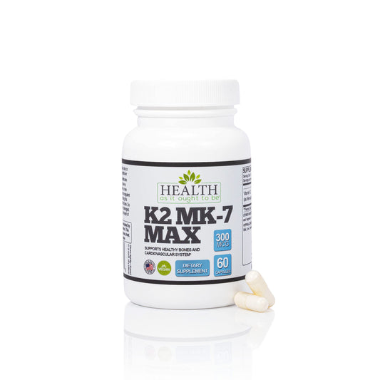 Health As It Ought To Be Vitamin K2 MK-7 Max bottle on countertop supports bone health
