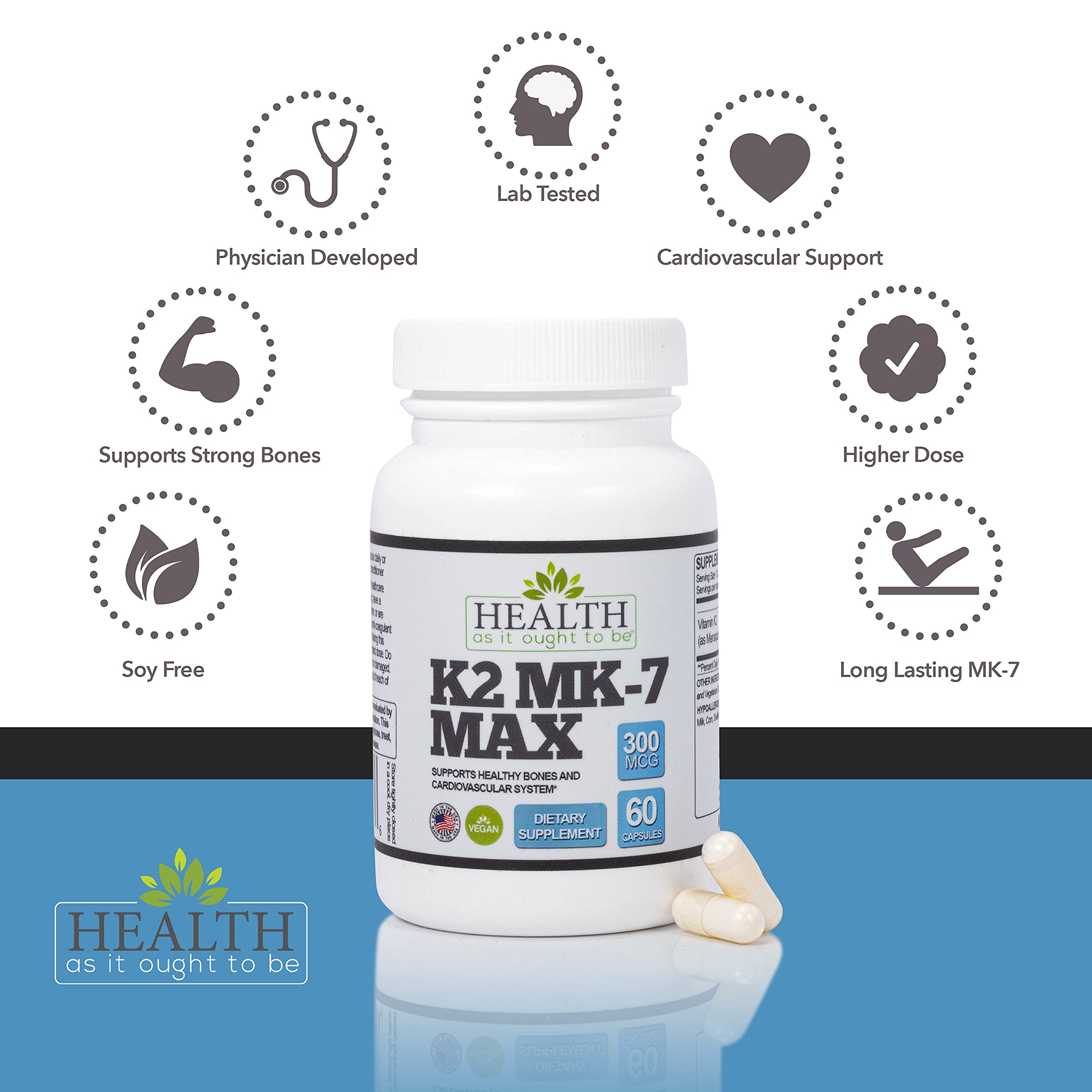 Health As It Ought To Be Vitamin K2 MK-7 Max capsules close-up, soy-free formula