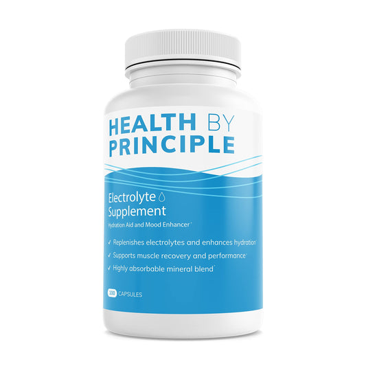 Health by Principle electrolyte capsules bottle view highlighting sugar-free hydration support.