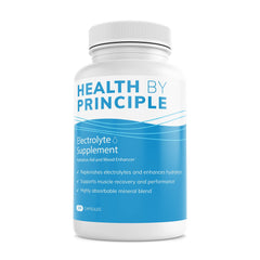 Health by Principle electrolyte capsules bottle view highlighting sugar-free hydration support.