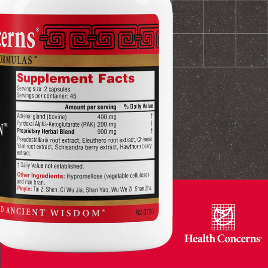 Health Concerns Adrenosen capsules closeup highlighting convenient two-capsule daily dose.