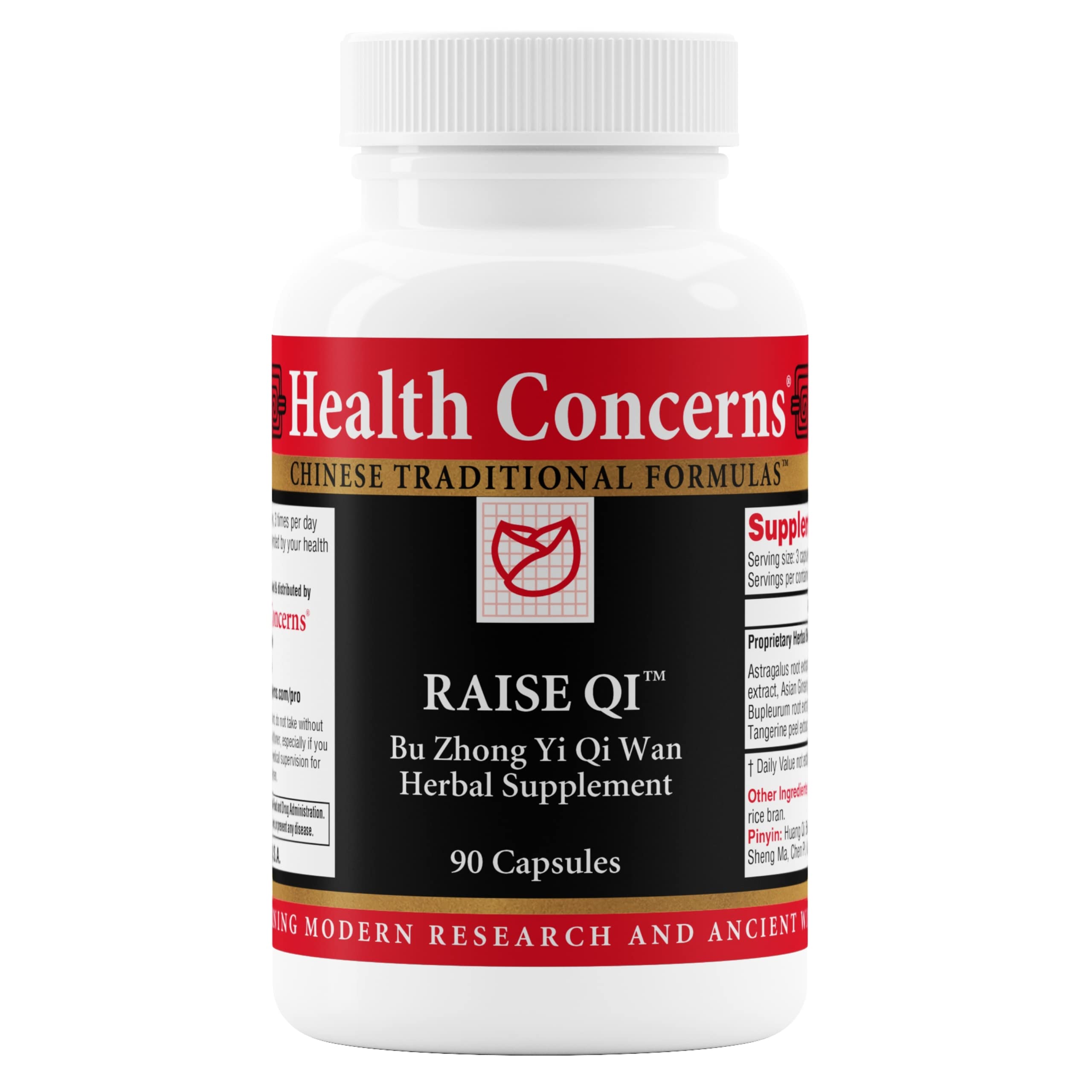Health Concerns Bu Zhong Yi Qi Wan bottle shows a traditional energy-support herbal blend