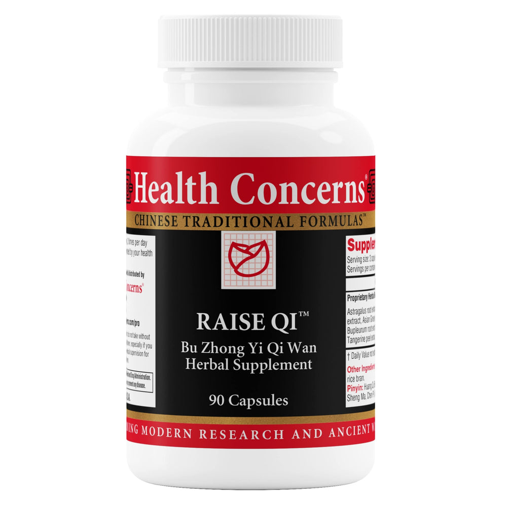 Health Concerns Bu Zhong Yi Qi Wan bottle shows a traditional energy-support herbal blend