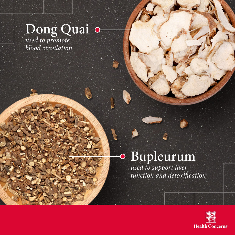 Close-up of Health Concerns Bupleurum Entangled Qi Formula herbs featuring bupleurum and dong quai for holistic support
