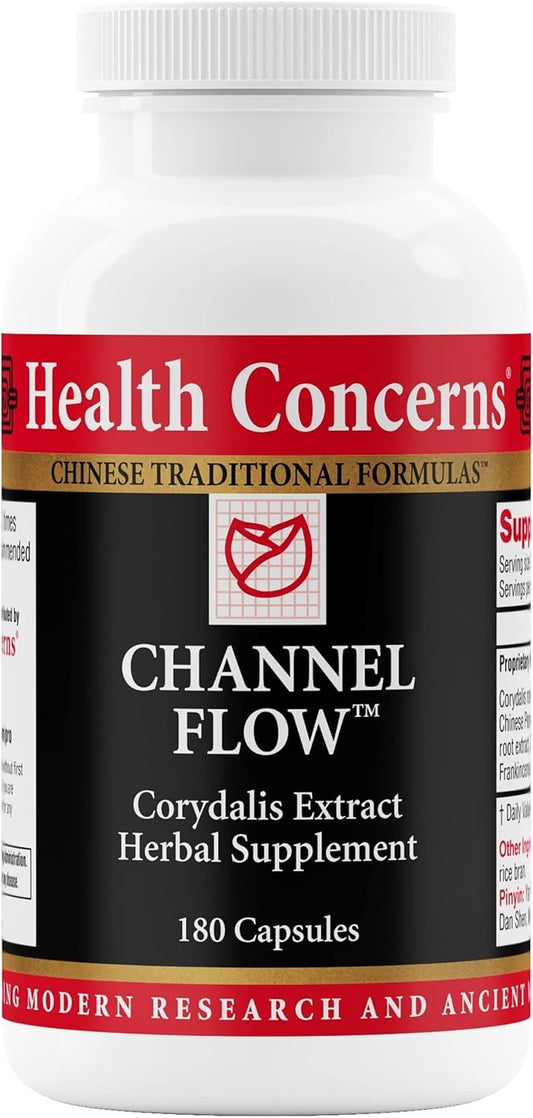 Health Concerns Channel Flow bottle on table promoting natural muscle relaxation