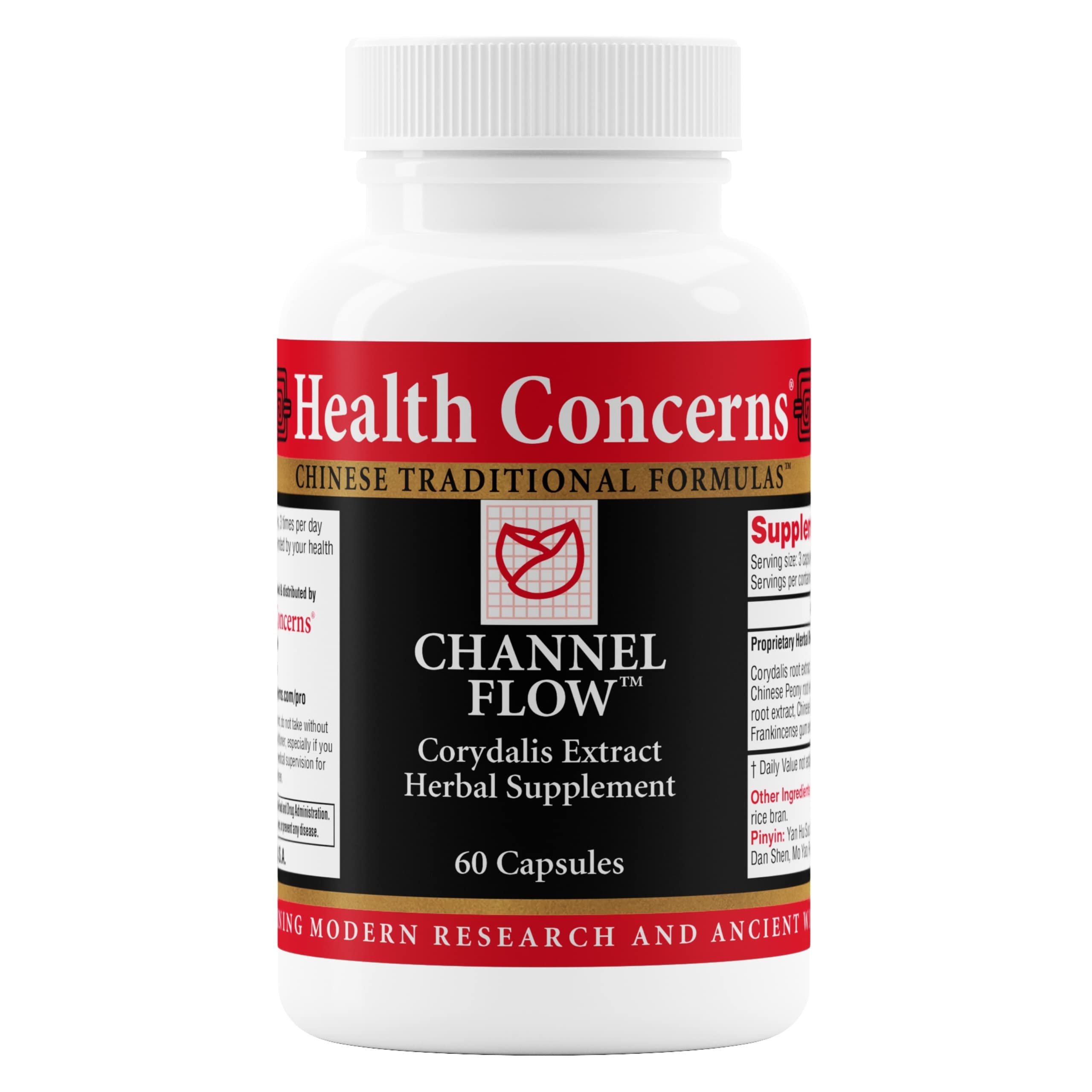 Health Concerns Channel Flow bottle showing herbal blend for natural muscle relaxation.