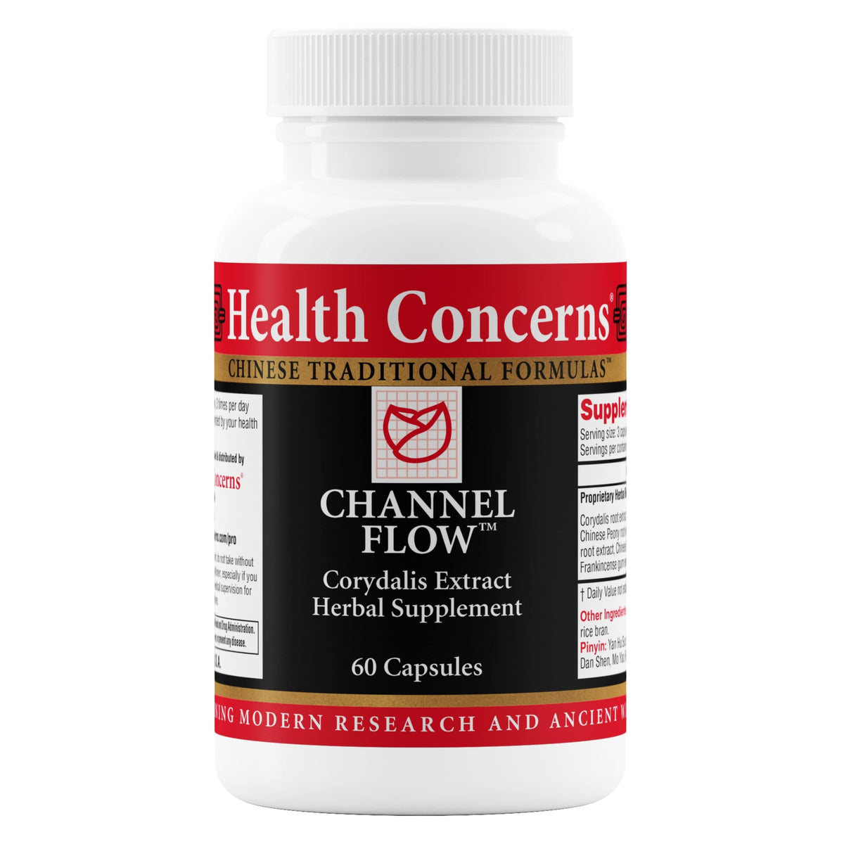 Health Concerns Channel Flow bottle showing herbal blend for natural muscle relaxation.