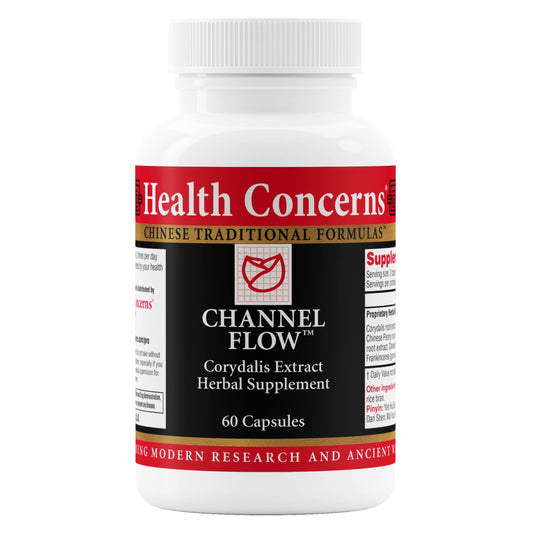 Health Concerns Channel Flow bottle showing herbal blend for natural muscle relaxation.