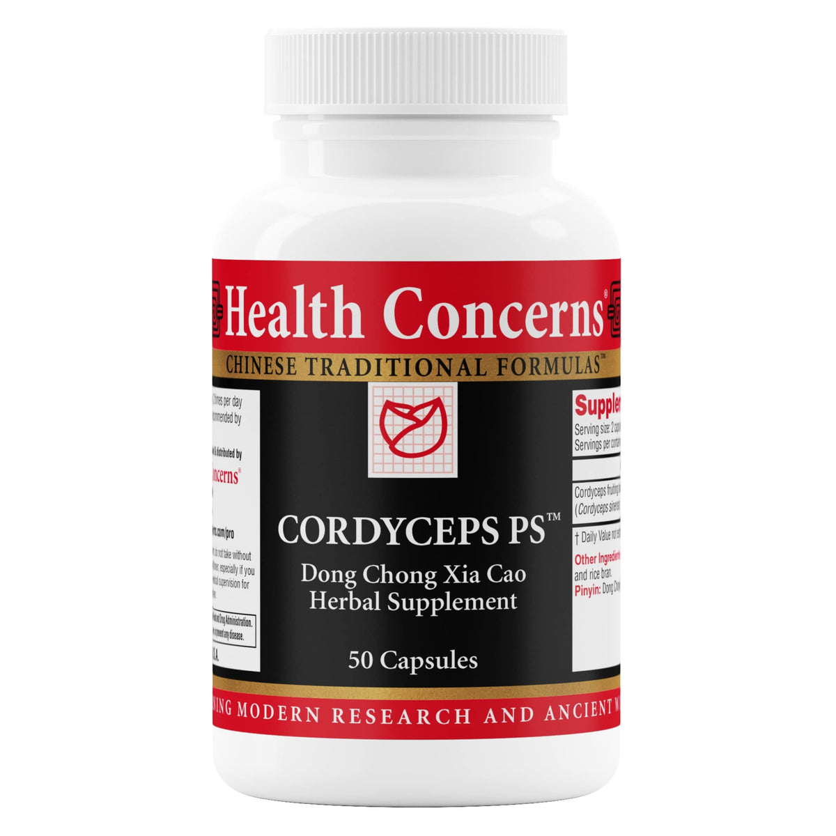 Health Concerns Cordyceps PS bottle front promotes lung support and daily energy.
