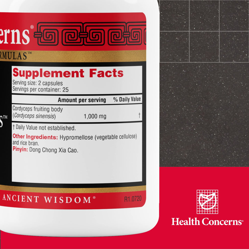 Health Concerns Cordyceps PS bottle label shows ingredients and daily-use guidance.