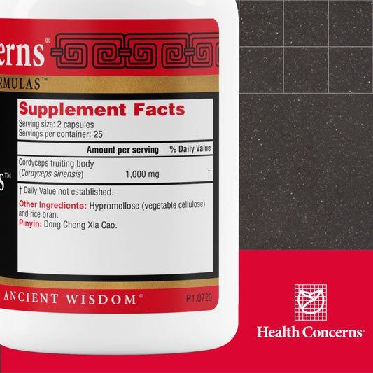 Health Concerns Cordyceps PS bottle label shows ingredients and daily-use guidance.