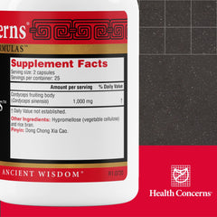 Health Concerns Cordyceps PS bottle label shows ingredients and daily-use guidance.