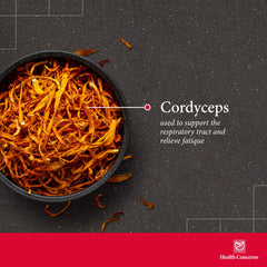 Health Concerns Cordyceps PS capsules closeup highlights two-capsule serving.