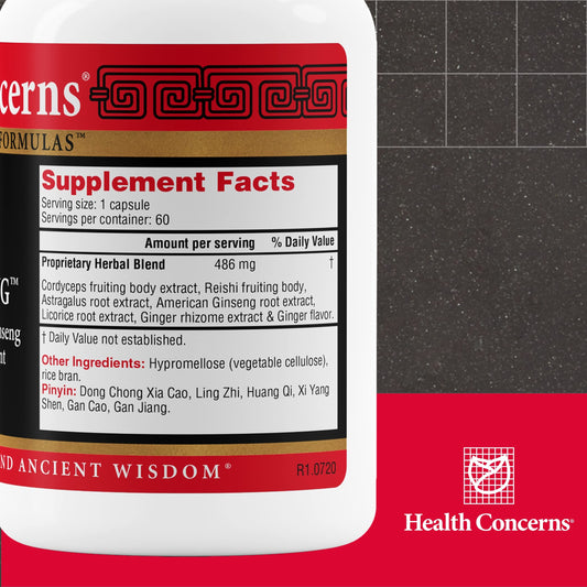 Health Concerns CordySeng bottle back showing usage notes and ingredients