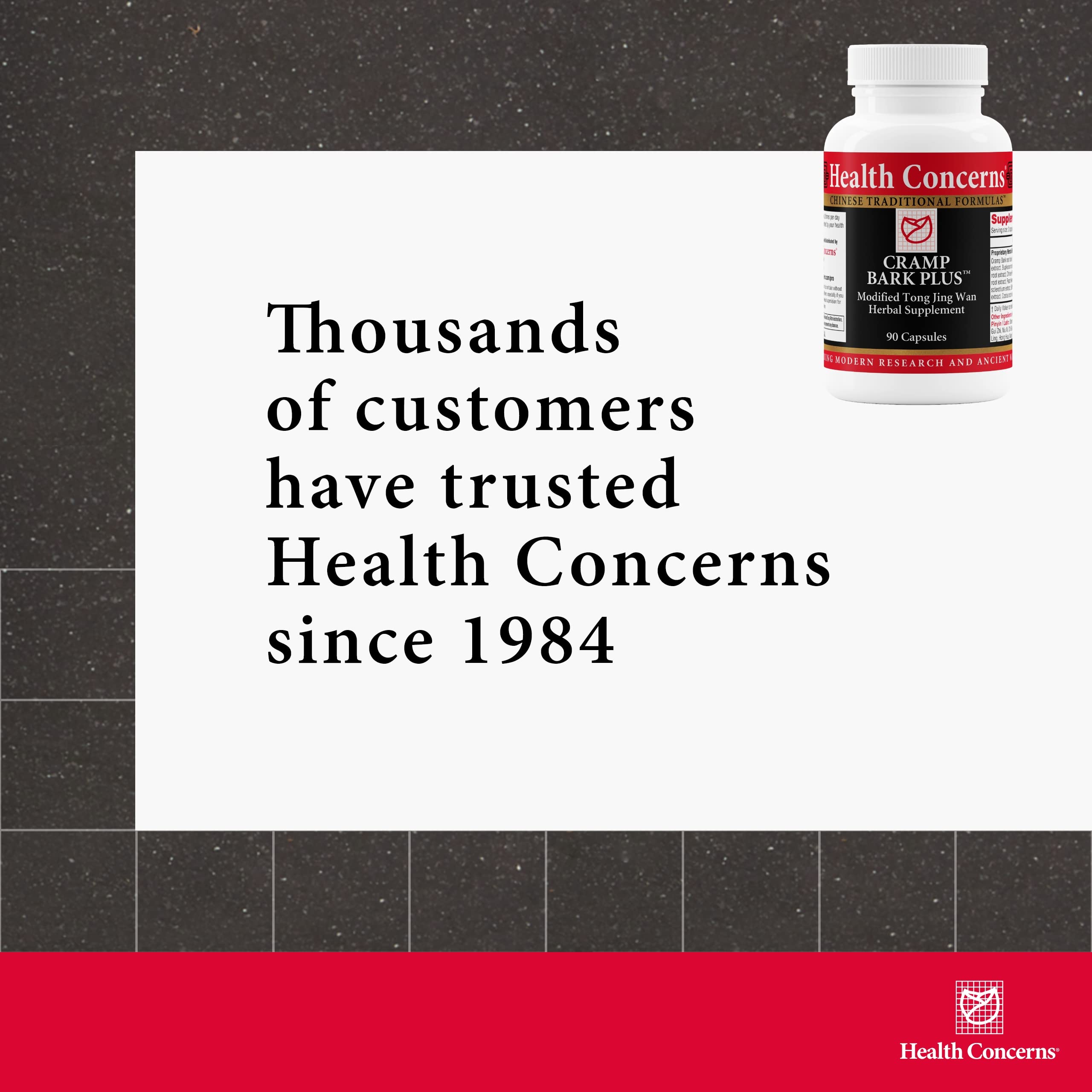 Health Concerns Cramp Bark Plus black cohosh bottle beside calming tea