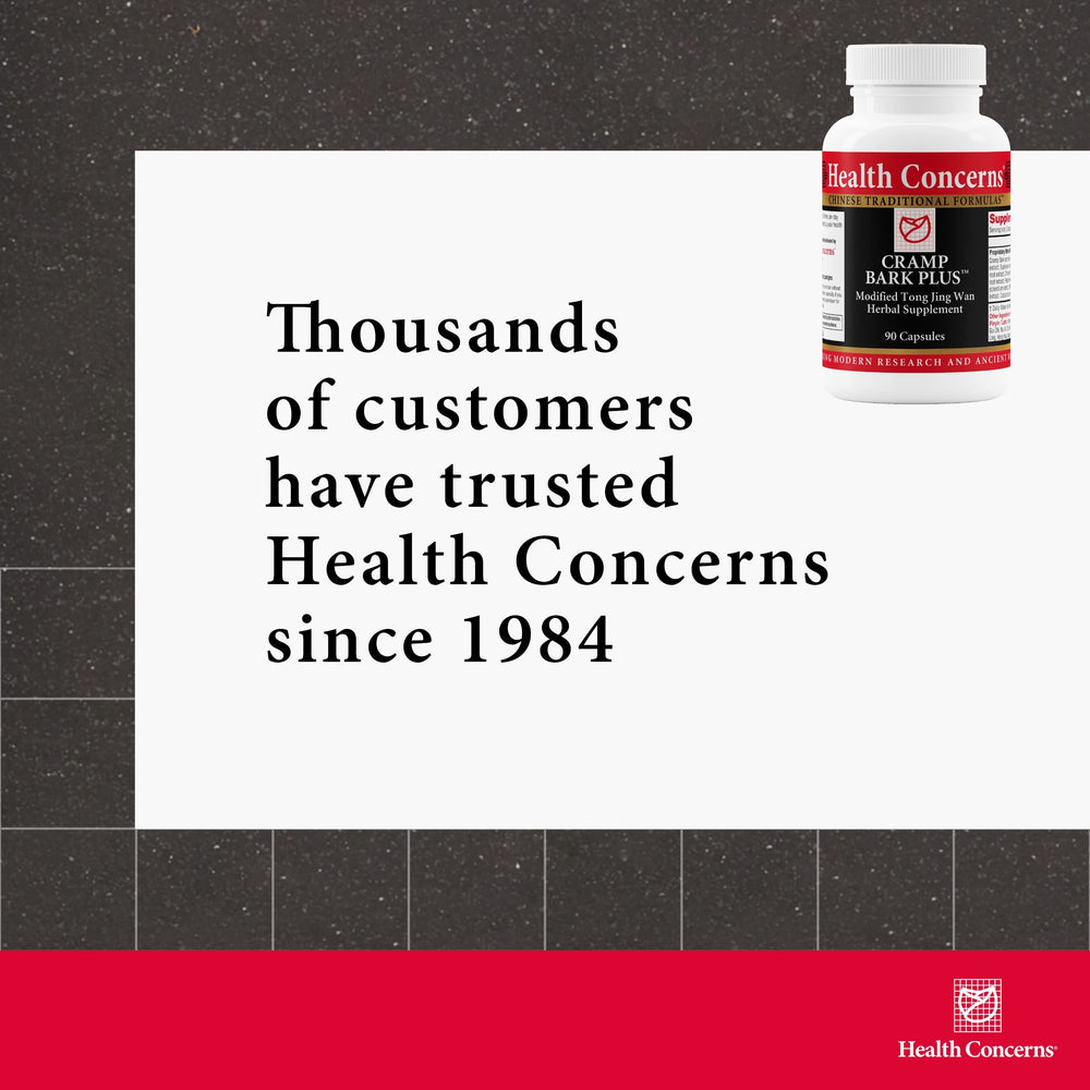 Health Concerns Cramp Bark Plus black cohosh bottle beside calming tea