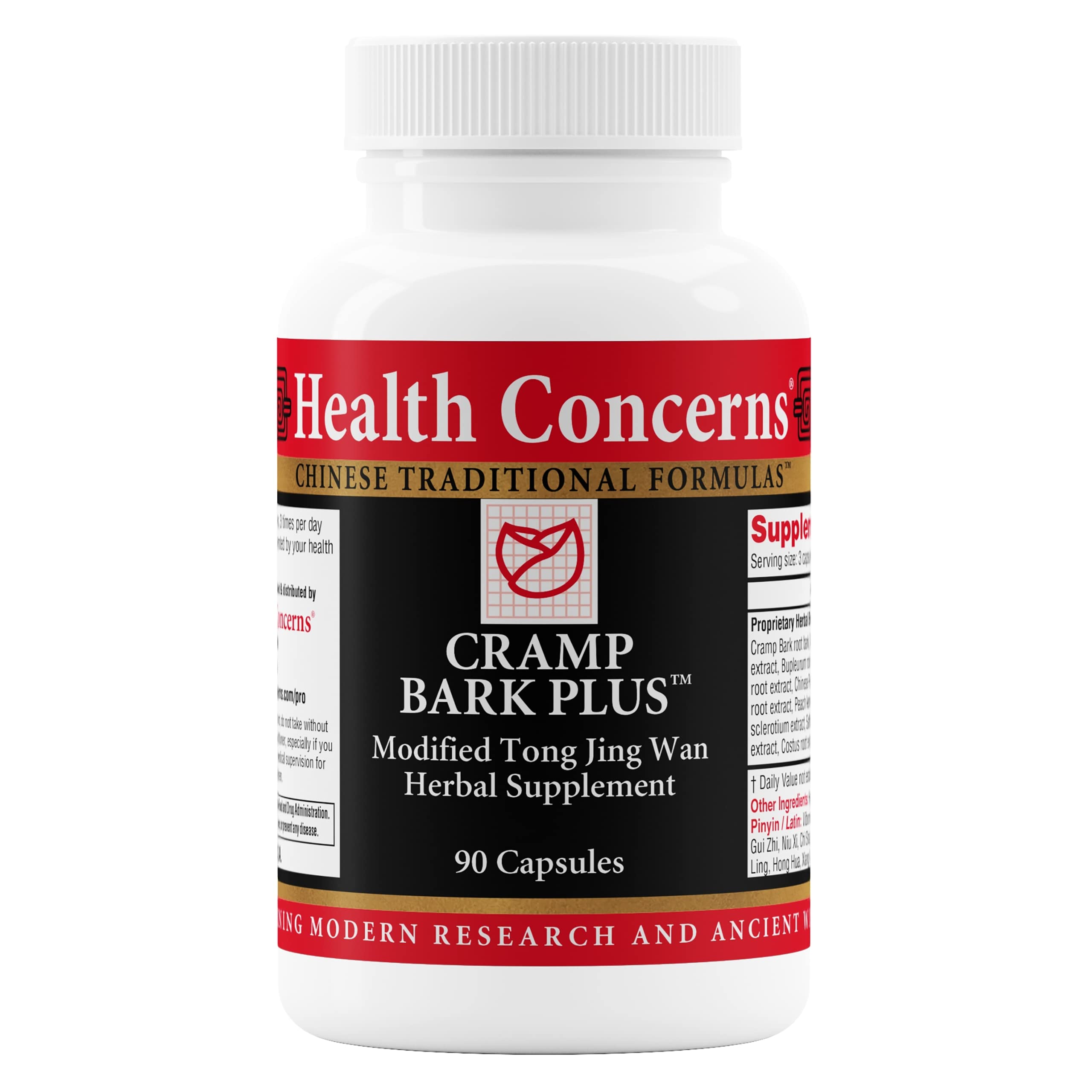 Health Concerns Cramp Bark Plus bottle on a clean surface for daily menstrual comfort