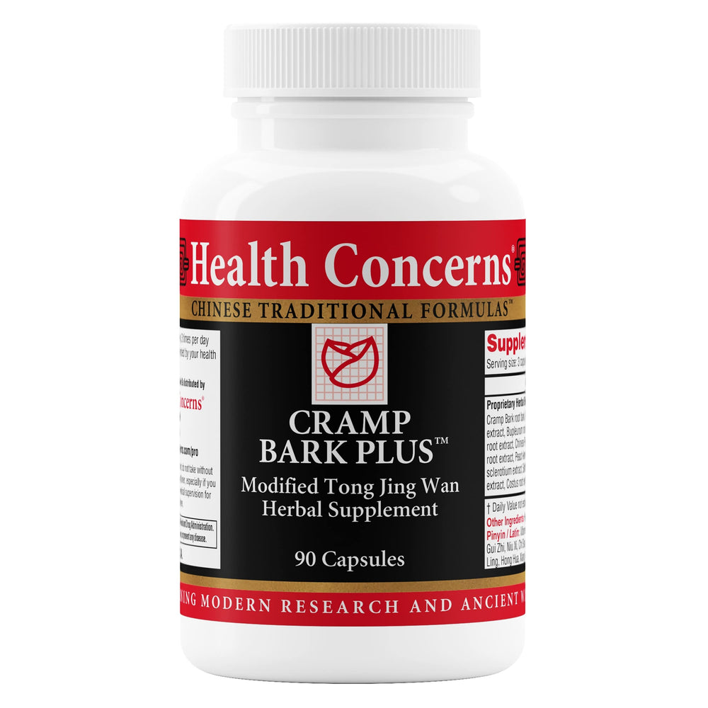 Health Concerns Cramp Bark Plus bottle on a clean surface for daily menstrual comfort
