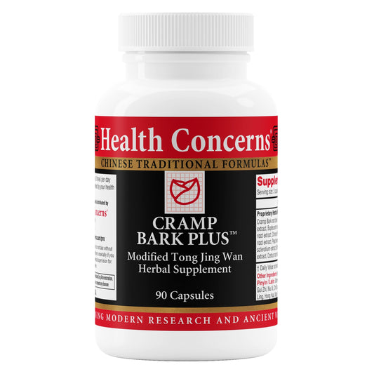 Health Concerns Cramp Bark Plus bottle on a clean surface for daily menstrual comfort