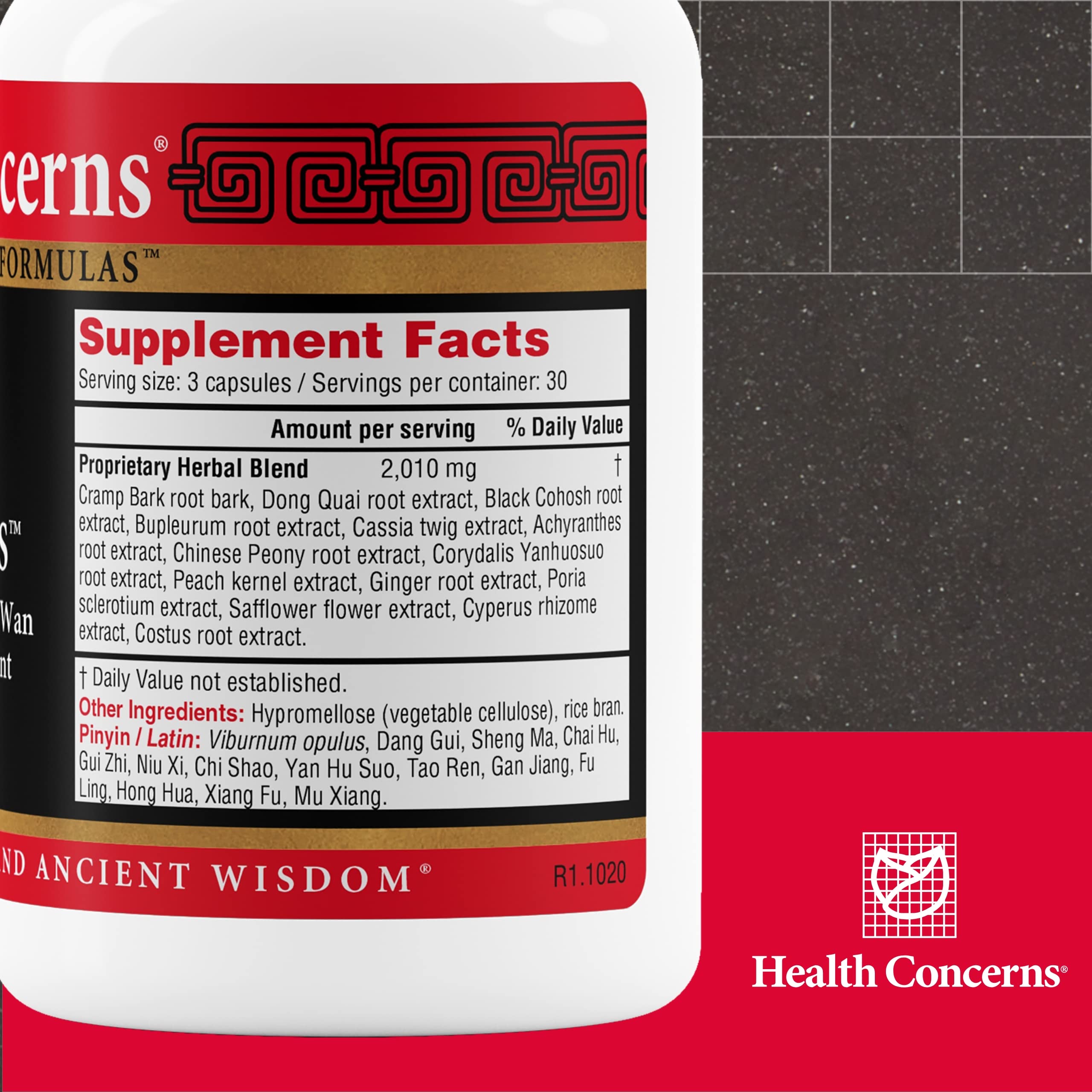 Health Concerns Cramp Bark Plus capsules arranged for daily use