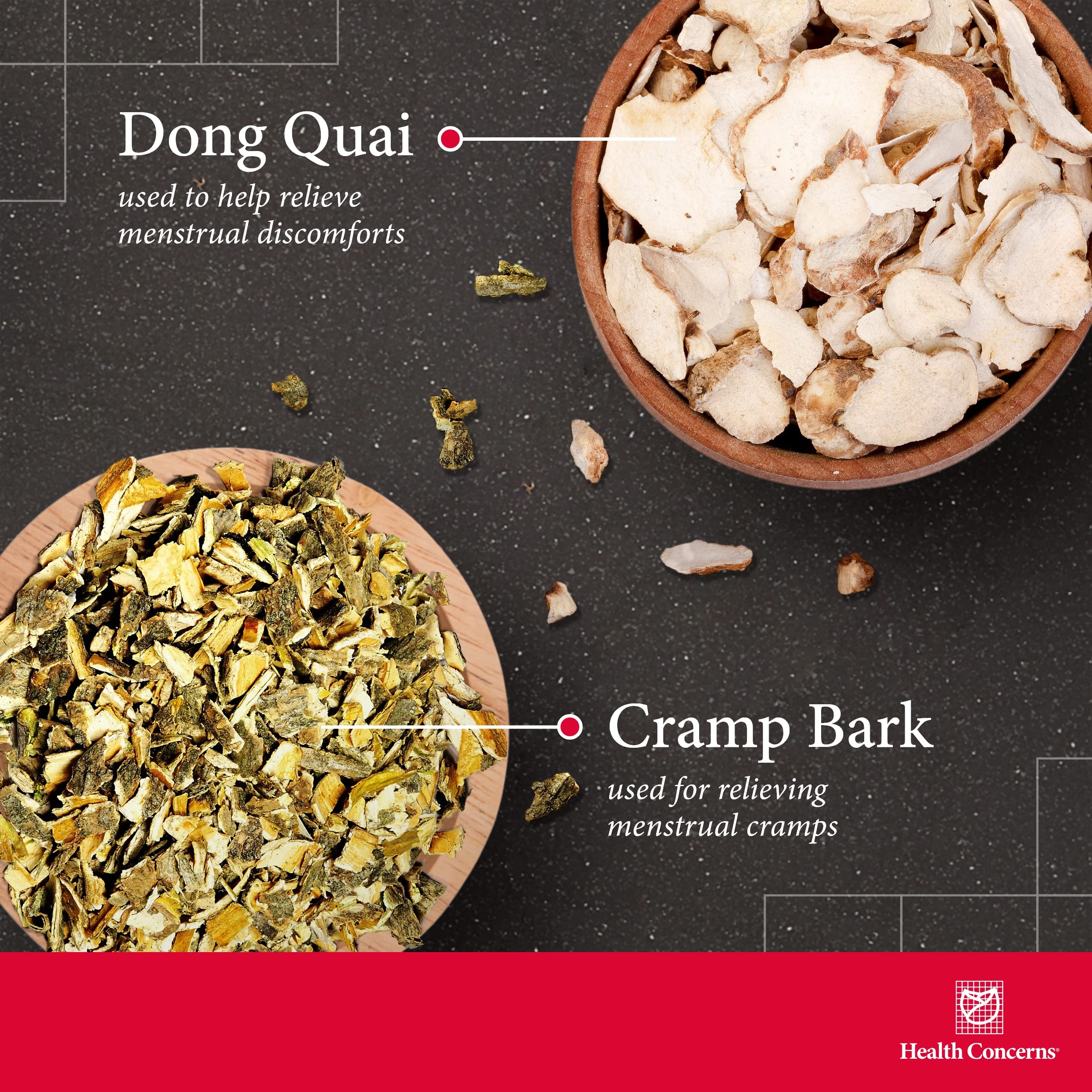 Health Concerns Cramp Bark Plus bottle label highlighting herbal ingredients and usage