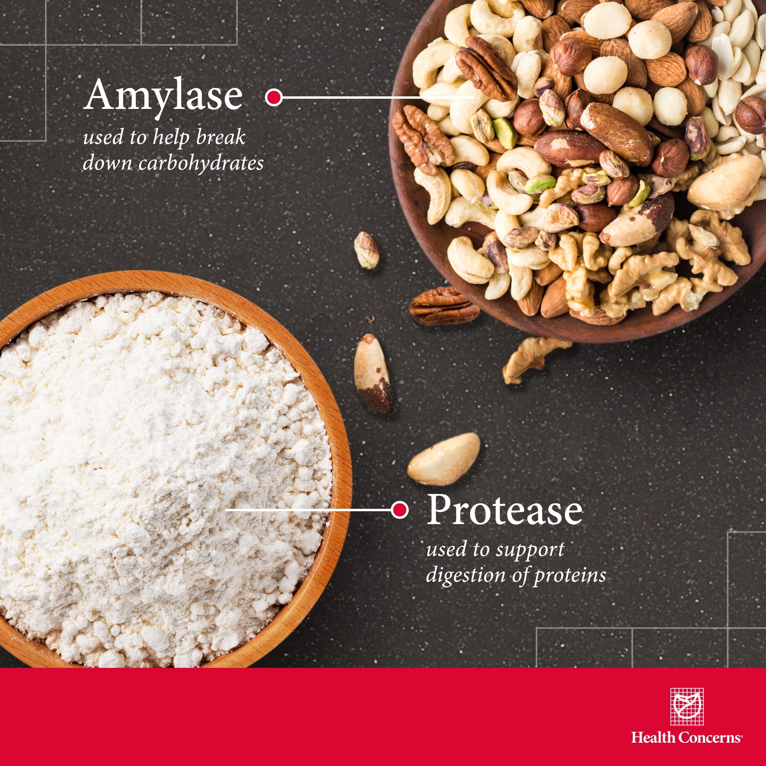 Health Concerns Enteromend enzyme blend graphic showing protease amylase lactase and peptidase