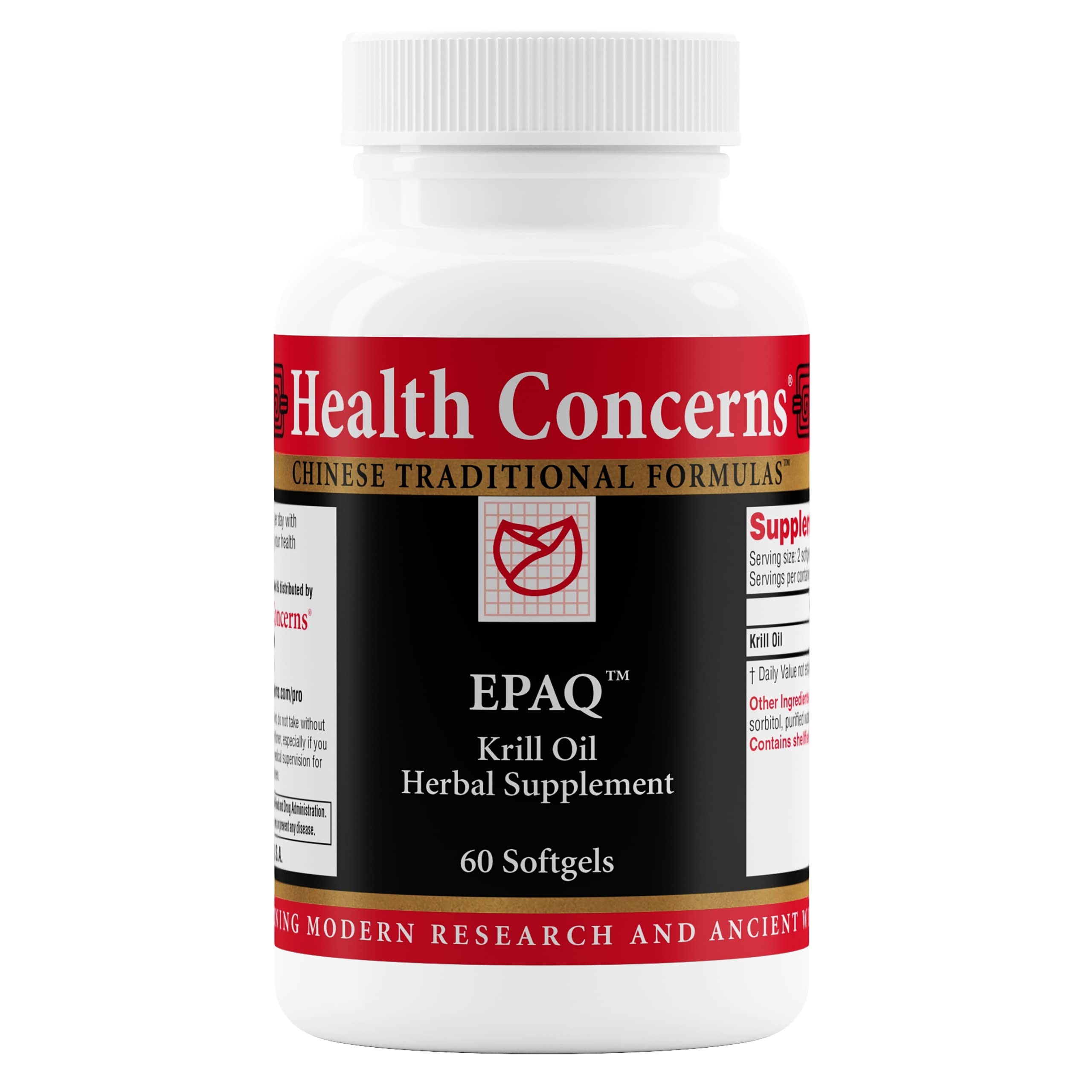 Health Concerns EPAQ bottle front for daily brain and heart support.