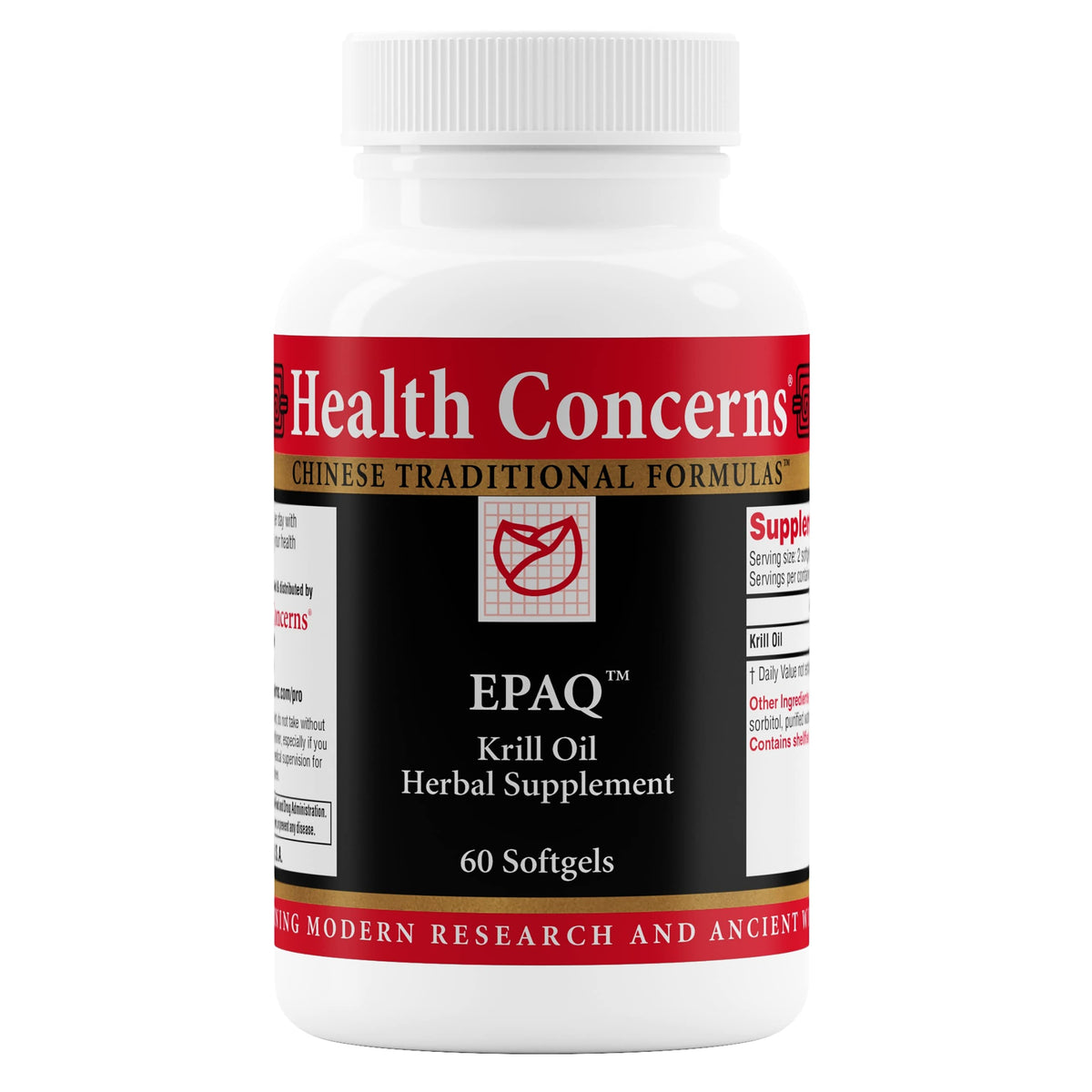 Health Concerns EPAQ bottle front for daily brain and heart support.