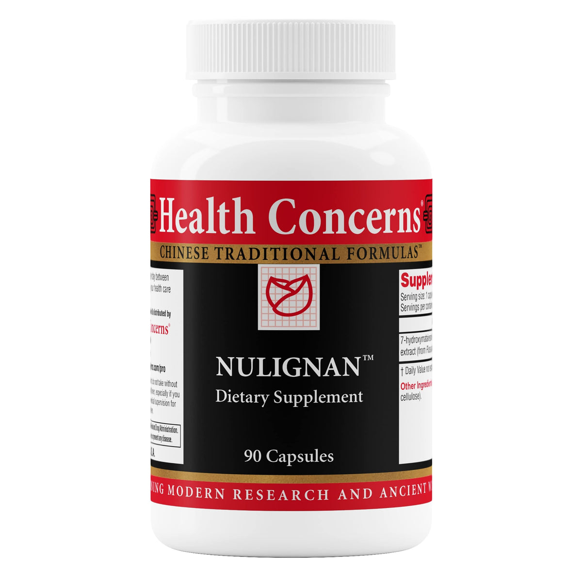 Health Concerns NuLignan bottle front shows an easy daily support for hormonal balance.