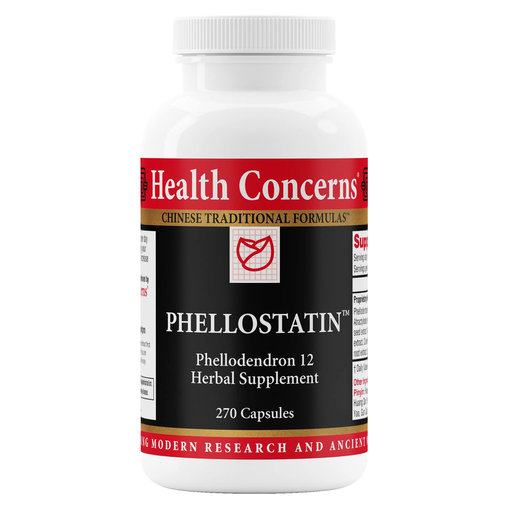 Health Concerns Phellostatin bottle label highlighting a microbiome-supporting herbal blend.
