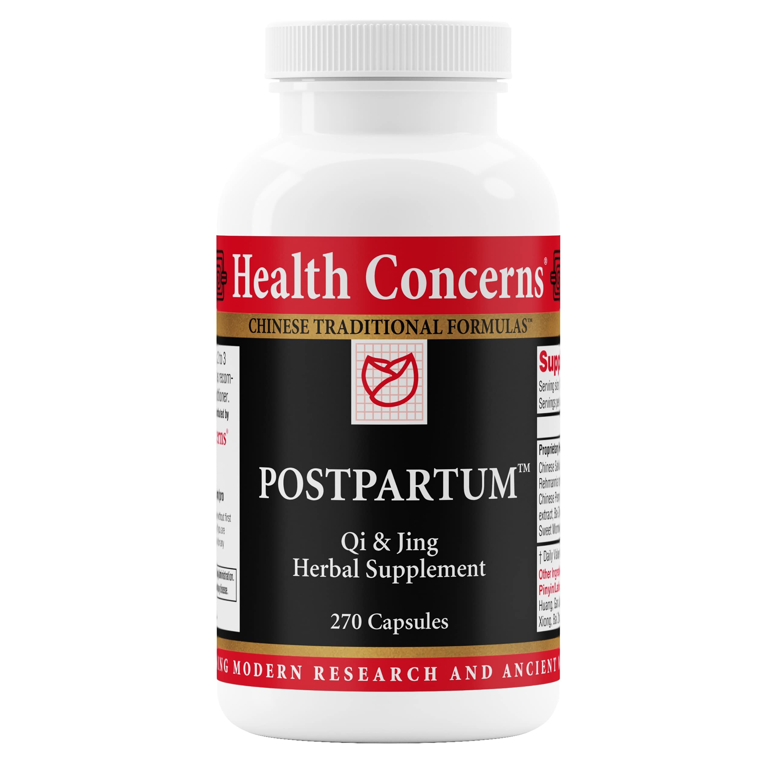 Health Concerns Postpartum bottle front showing herbal recovery support concept