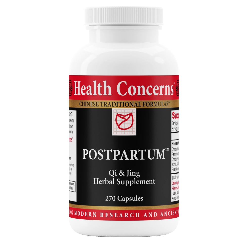 Health Concerns Postpartum bottle front showing herbal recovery support concept