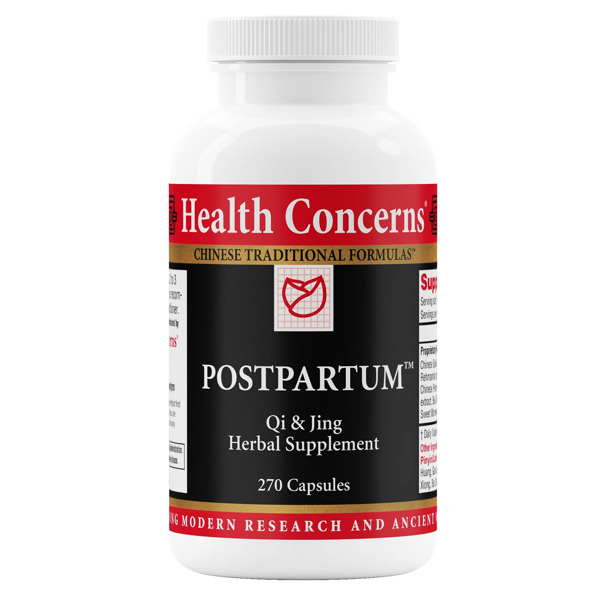 Health Concerns Postpartum bottle front showing herbal recovery support concept