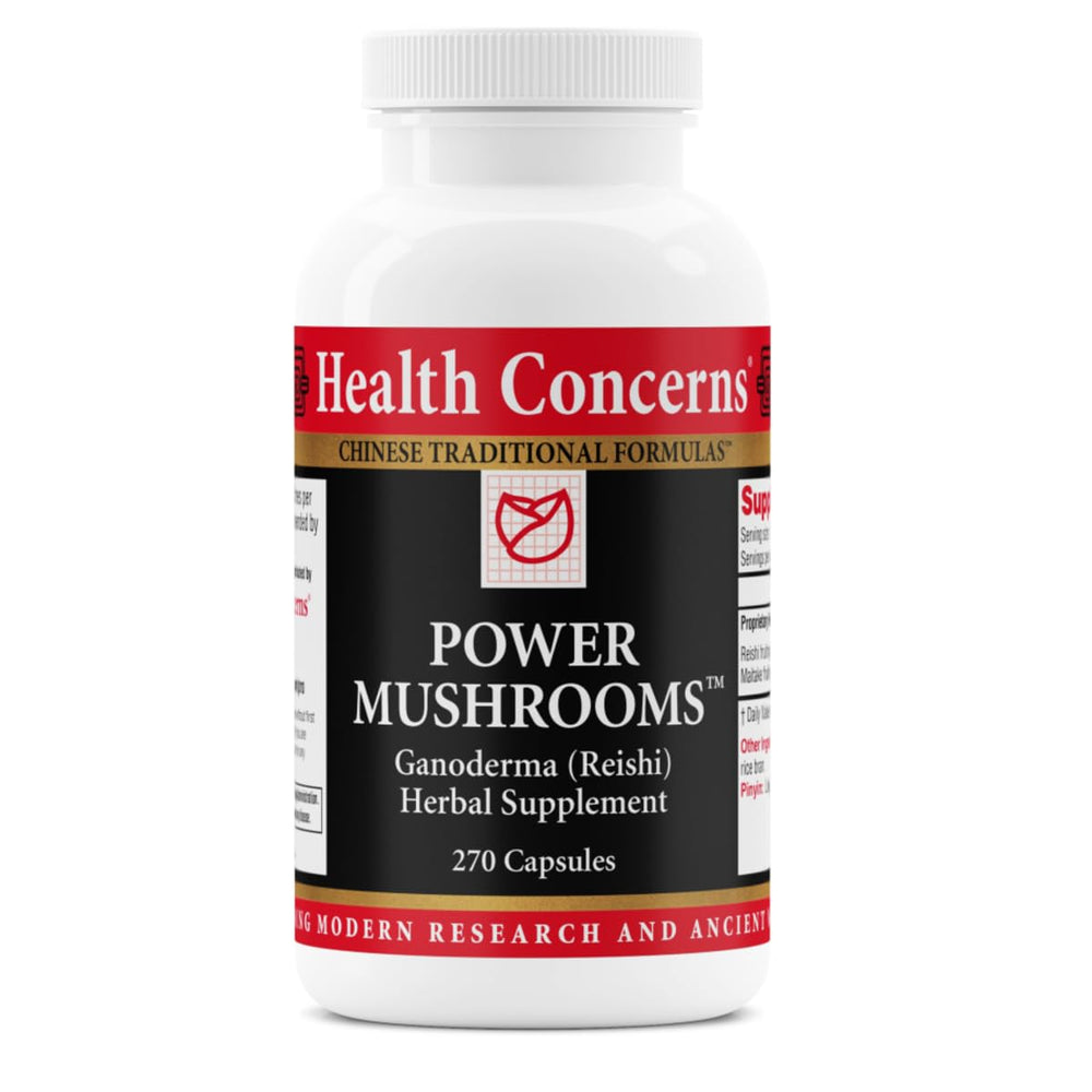 Health Concerns Power Mushrooms bottle front shows immune-support formula for daily vitality.