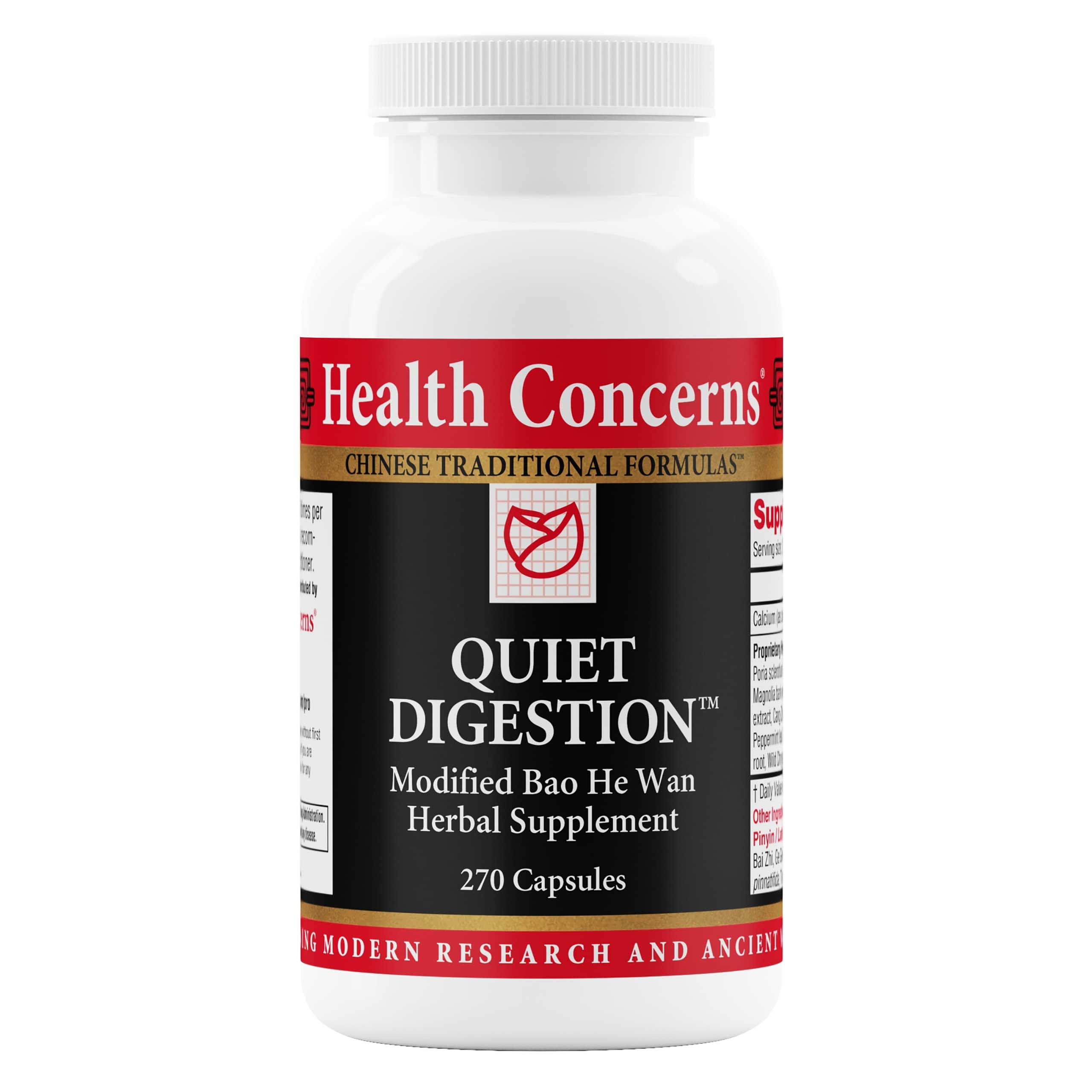 Health Concerns Quiet Digestion bottle pouring for gentle gut support.