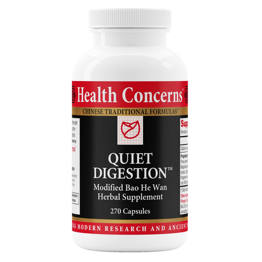 Health Concerns Quiet Digestion bottle pouring for gentle gut support.