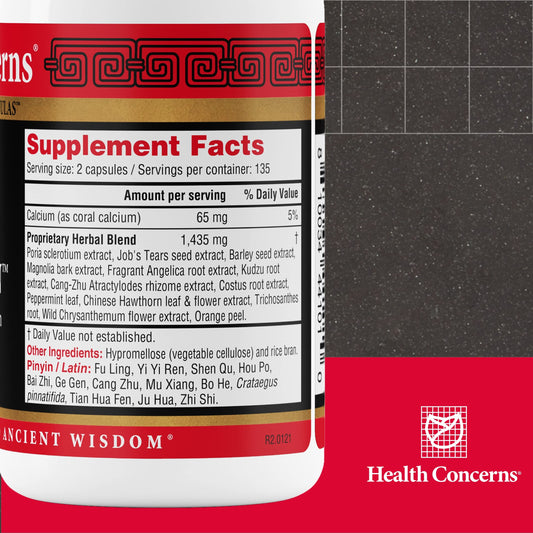 Health Concerns Quiet Digestion capsules close-up, easy-to-swallow herbal blend.
