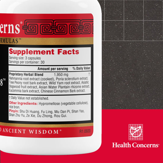 Health Concerns Rehmannia 8 herbal blend close-up with traditional ingredients.