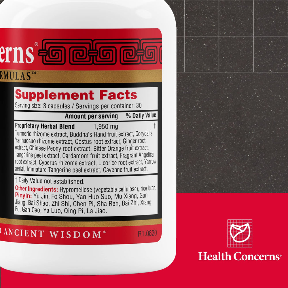Health Concerns Shu Gan digestion relief capsules aiding occasional bloating and discomfort.