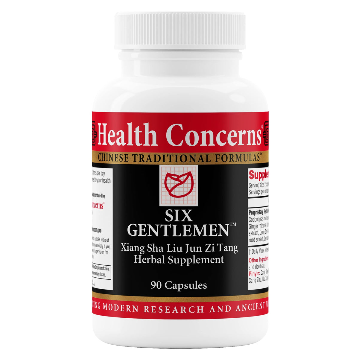 Health Concerns Six Gentlemen bottle front showing digestive support and qi balance for daily wellness.