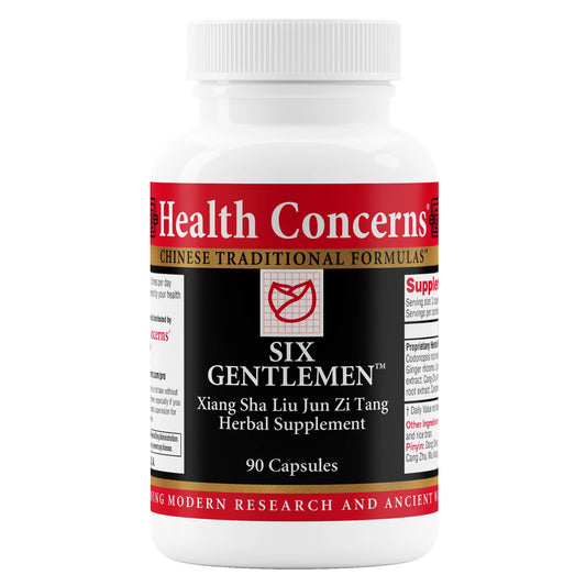 Health Concerns Six Gentlemen bottle front showing digestive support and qi balance for daily wellness.